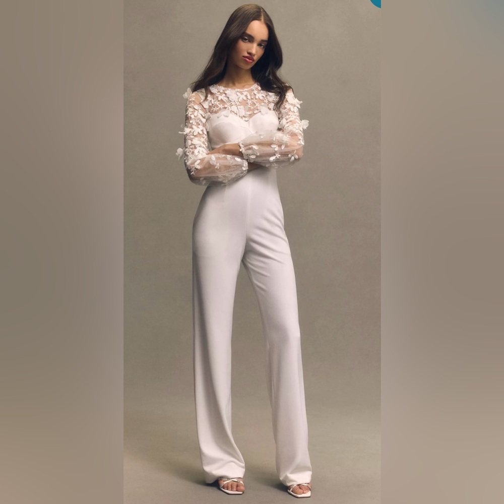 Dress the Population Mila Lace White  Long Sleeve Jumpsuit, XXL